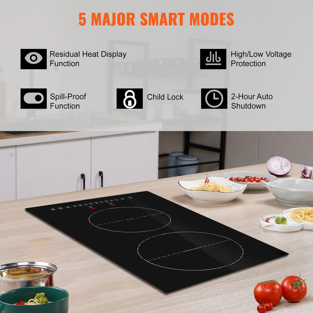 KFFKFF 12'' Built-in Induction Electric Stove Top ,2 Burners Multifunctional Burner Electric Cooktop,9 Heating Level & Sensor Touch Control, Easy to Clean Ceramic Glass Surface