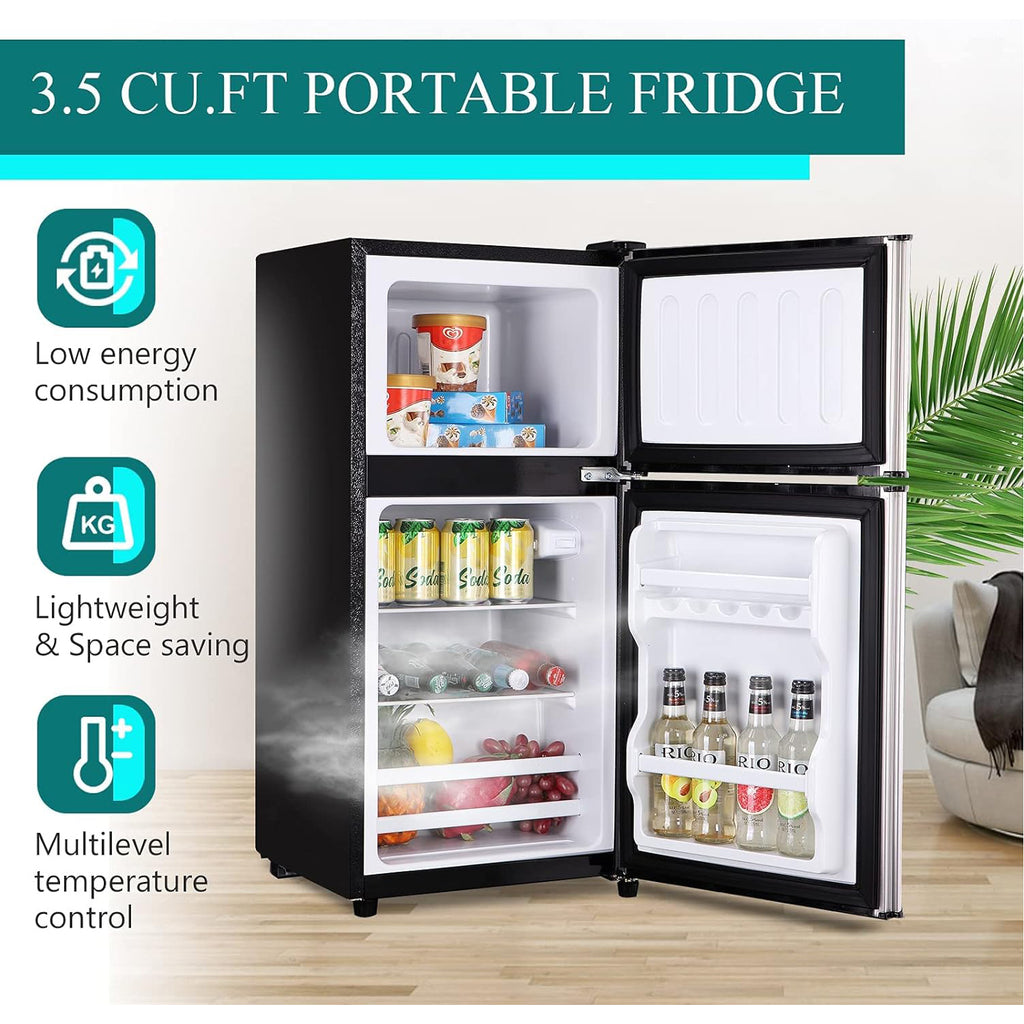 KRIB BLING 3.2 Cubic Feet Double Door Mini Fridge with Freezer, Mini Compact Refrigerator 2 Doors for Dorm, Office, Apartment, RV, Bedroom, Black