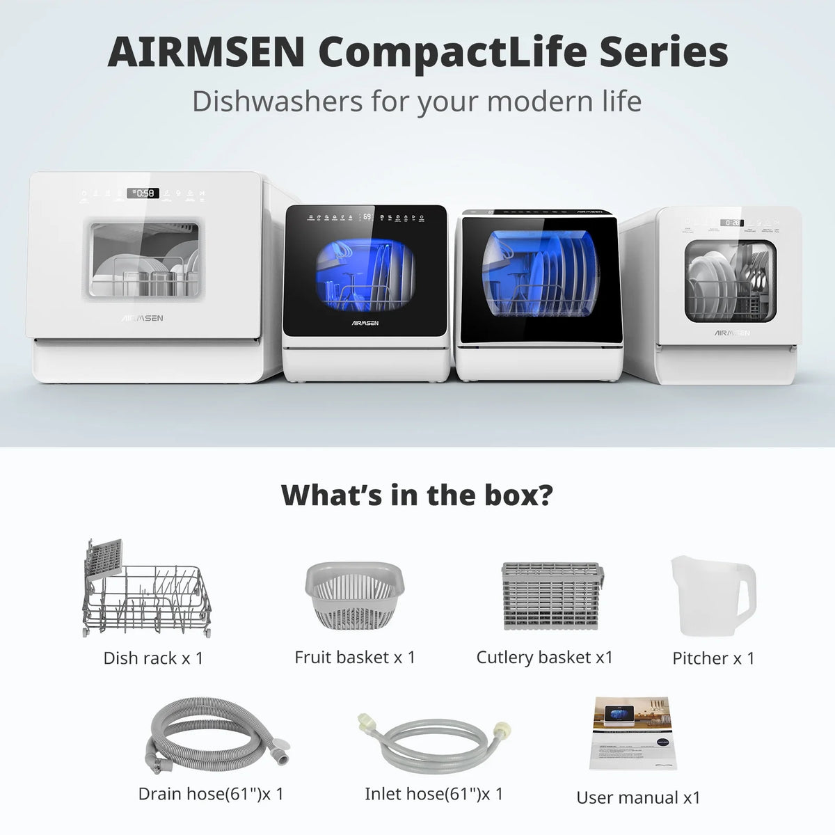 AIRMSEN Countertop Dishwasher with Salt Chamber, Portable Mini Dishwasher with 5L Built-in Water Tank, 18H Delay Start & ECO Mode, Ideal for Apartments & RVs, TDQR09