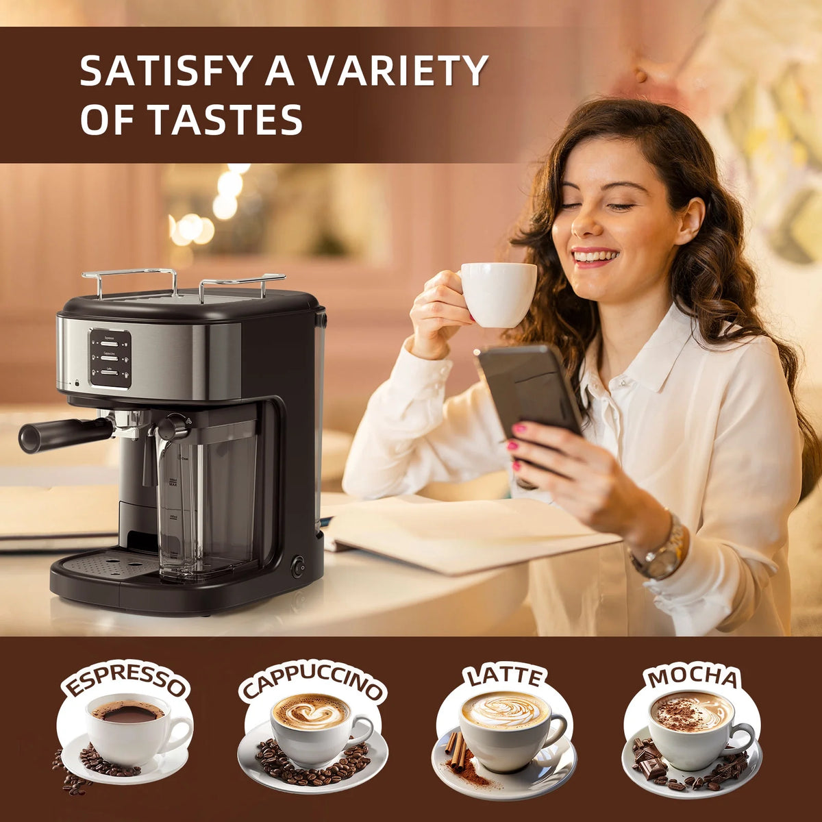 Auseo 20 Bar Espresso Machines, Espresso Coffee Maker with Milk Frother Steam Wand, Ground Coffee & Capsules, Black and Stainless Finish, Espresso/Cappuccino/Latte/Mocha for Home