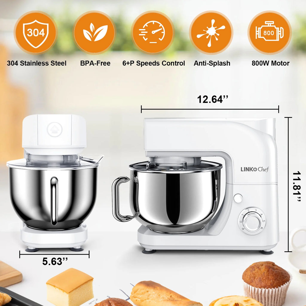 LINKChef Stand Mixer, 5.3QT 800W 6+P Speeds with Whisk, Dough Hook and Beater (White)