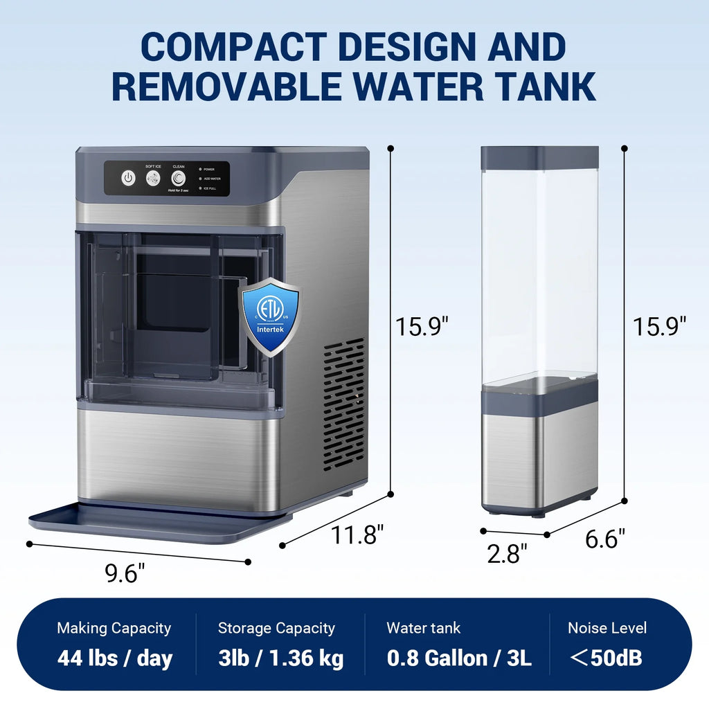 Ecojoy Stainless Steels Portable Countertop Nugget Ice Maker Machine, 44Lbs/24H with 0.8 Gallon Tank,Soft Chewable Pellet Ice Ready in 5-10min, Self-Cleaning