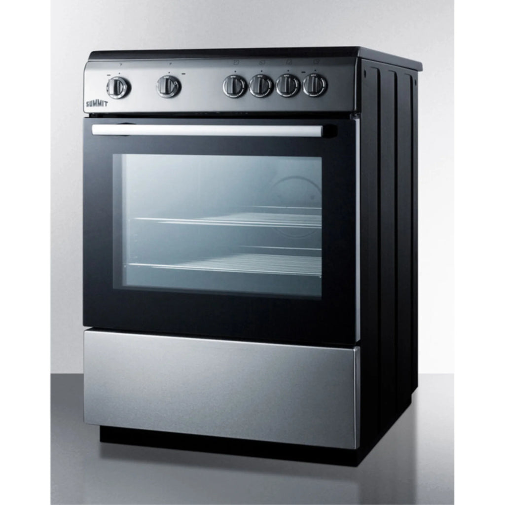 24" wide smooth top electric range in slide-in style and white finish, with storage drawer and large oven window in black glass