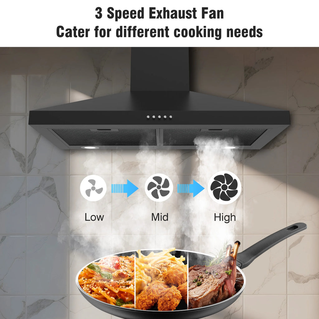 FIREGAS Wall Mount Range Hood 30 inch Black Vent Hood for Kitchen400 CFM with Ducted Convertible Ductless Kitchen Hood in Stainless Steel, 3-speed Whole-House Fan, LED Lights