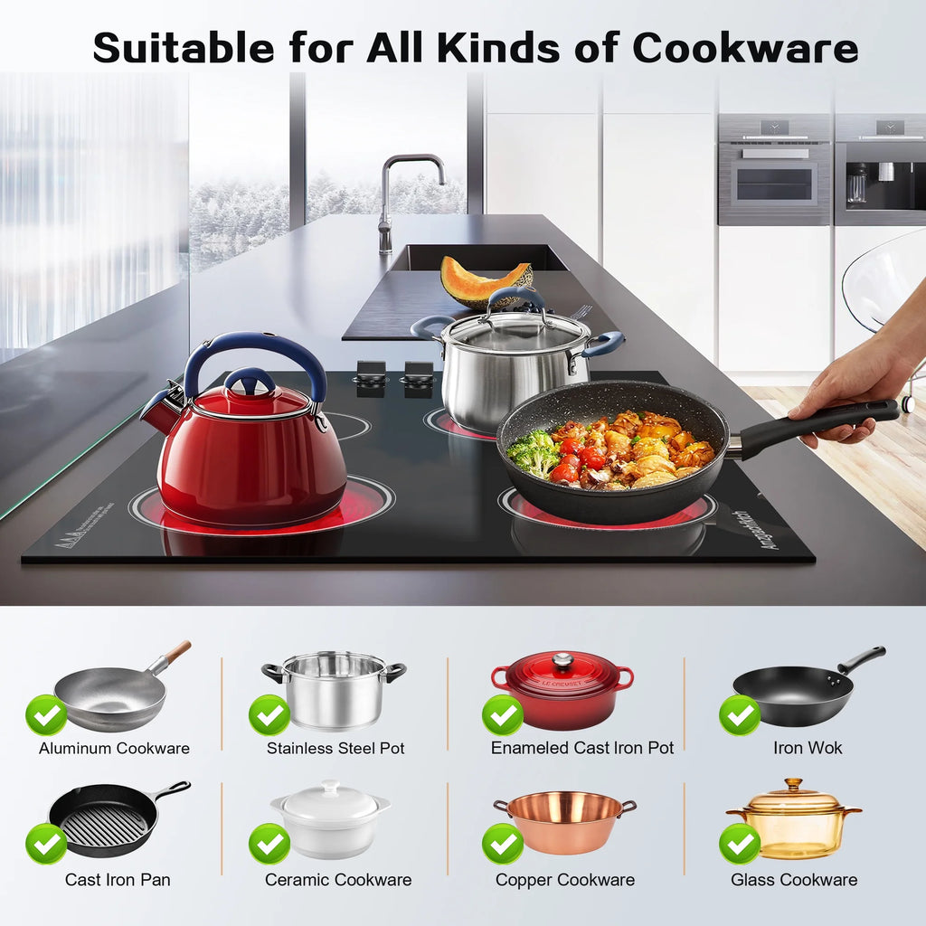 30 inch 4 Burner Built in Electric Ceramic Cooktop 6700W 240V with Hot Surface Indicator Radiation-Free ETL Certified
