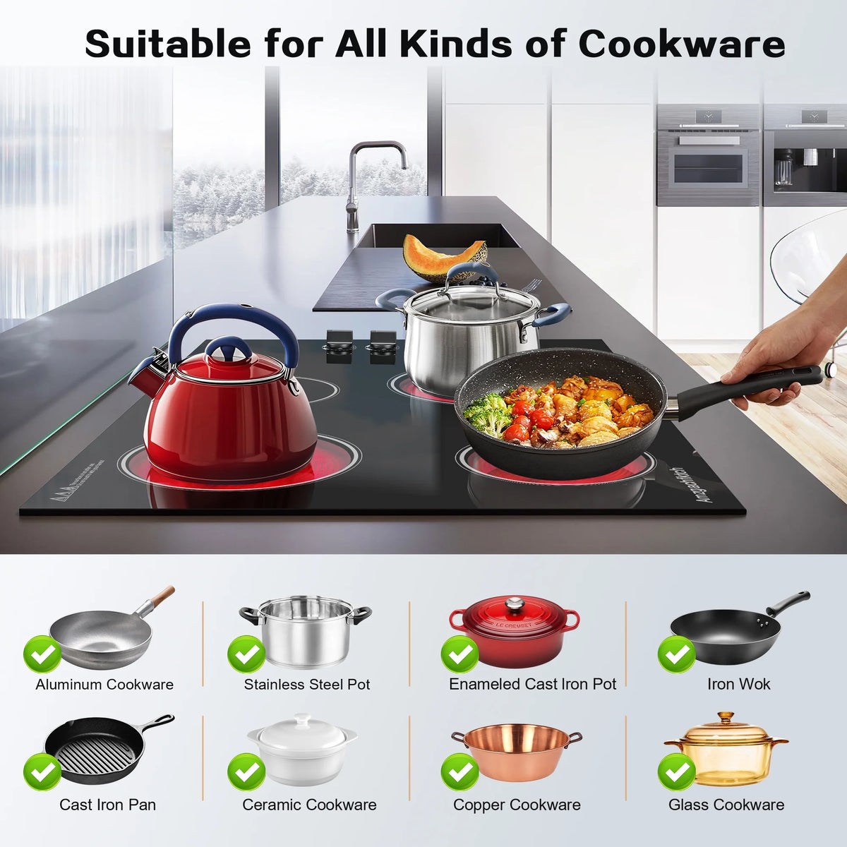30 inch 4 Burner Built in Electric Ceramic Cooktop 6700W 240V with Hot Surface Indicator Radiation-Free ETL Certified