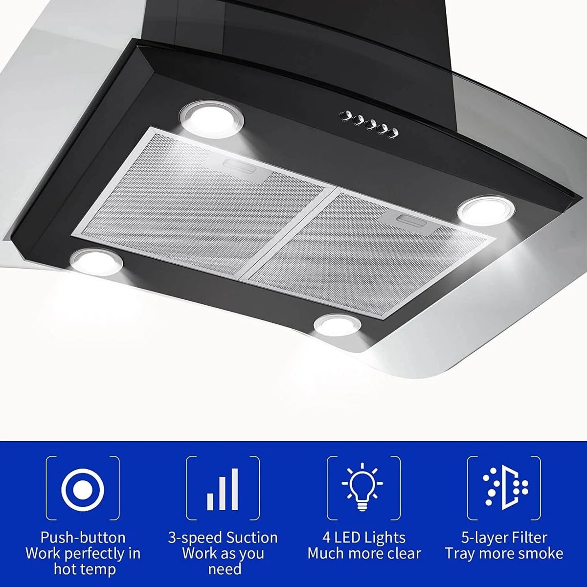 "Joeaonz 30"" Island Mount Range Hood, Stainless Steel, LED Bulbs, Easy-Clean Filters, 120V"