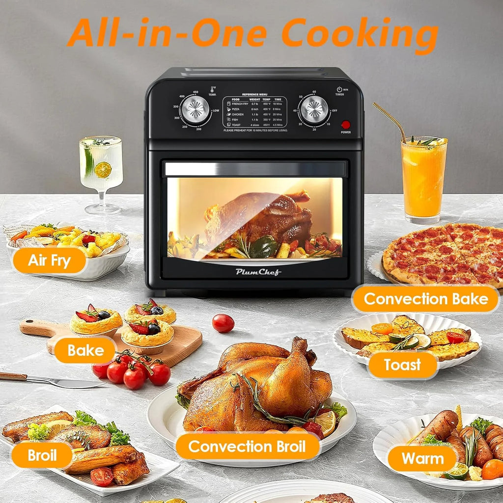 Plum Chef 13QT Air Fryer, 4-Slice Air Fryer Toaster Oven, Space Saving, Visible Window, Oil Free, 1500W, Black