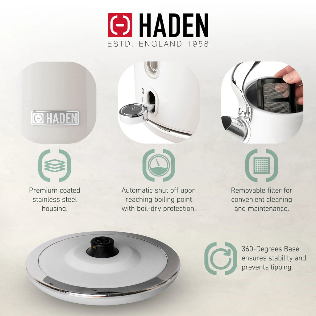 Haden Heritage 1.7 Liter Electric Kettle with 2 Slice Bread Toaster, White