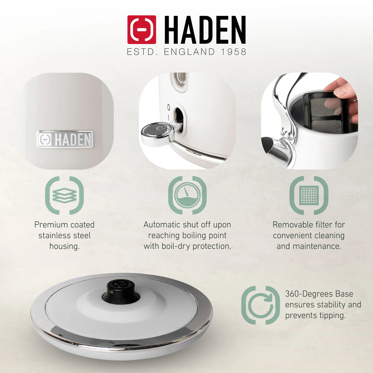 Haden Heritage 1.7 Liter Electric Kettle with 2 Slice Bread Toaster, White