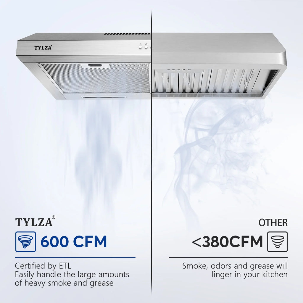 Tylza 30" 600 CFM Stainless Steel Kitchen Under Cabinet Range Hood with 2 x 2W LED Lights and 2 Replacement Charcoal Filter