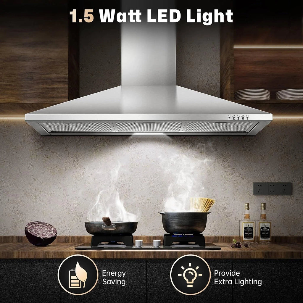 36 Inch Range Hood 450CFM Wall Mount Stainless Steel Kitchen Vent Hood Fan 3 Speed LED Light Chimney Hood Retractable