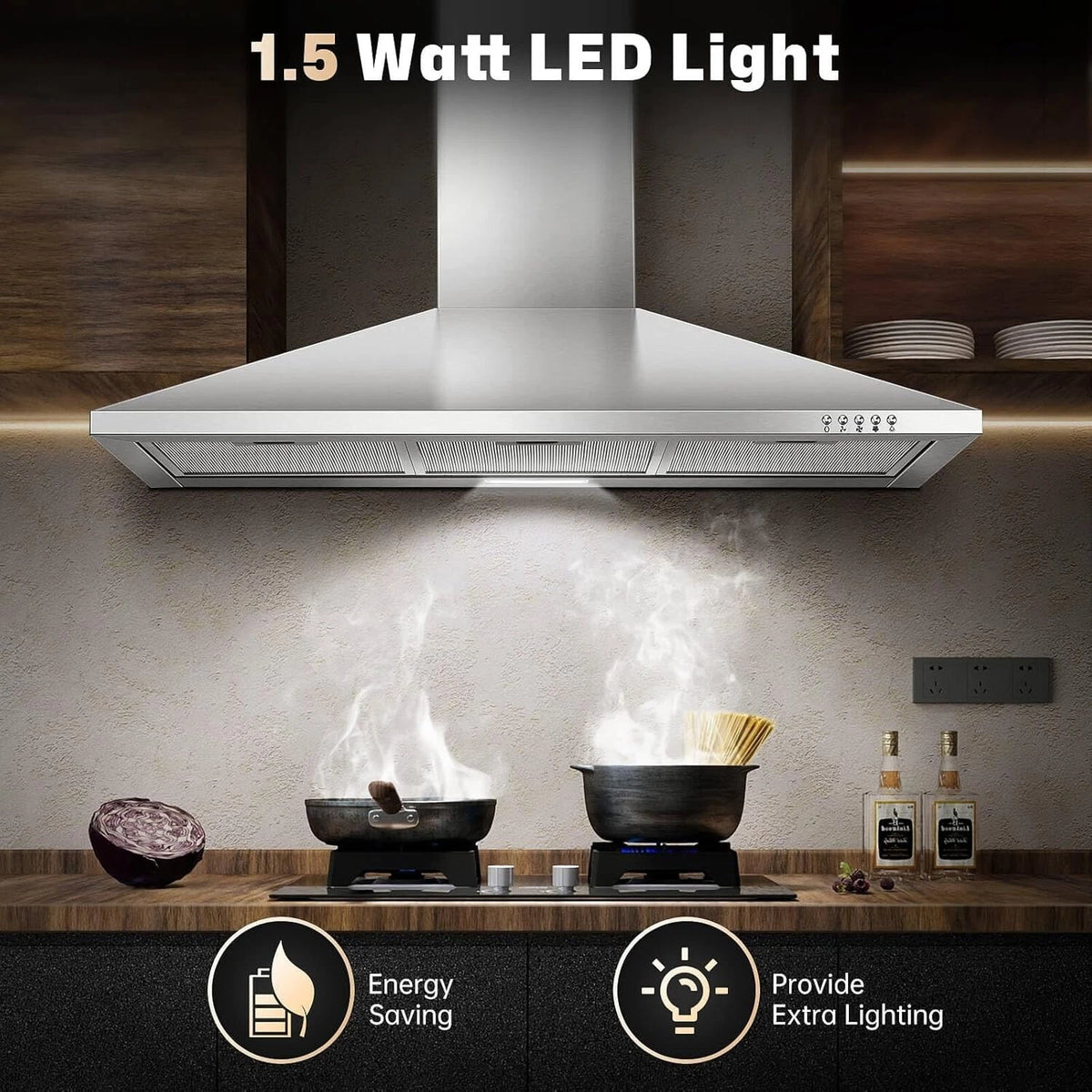 36 Inch Range Hood 450CFM Wall Mount Stainless Steel Kitchen Vent Hood Fan 3 Speed LED Light Chimney Hood Retractable