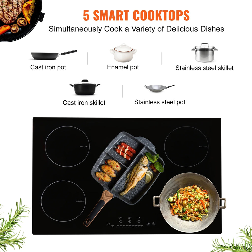 KFFKFF Induction Cooktop, 5 Heating Elements, 30'' Electric Stove, Integrated Magnetic Cooktop 9200W, 9 Heat Settings, LED Touch Display with Child Safety Lock & Overheat Protection