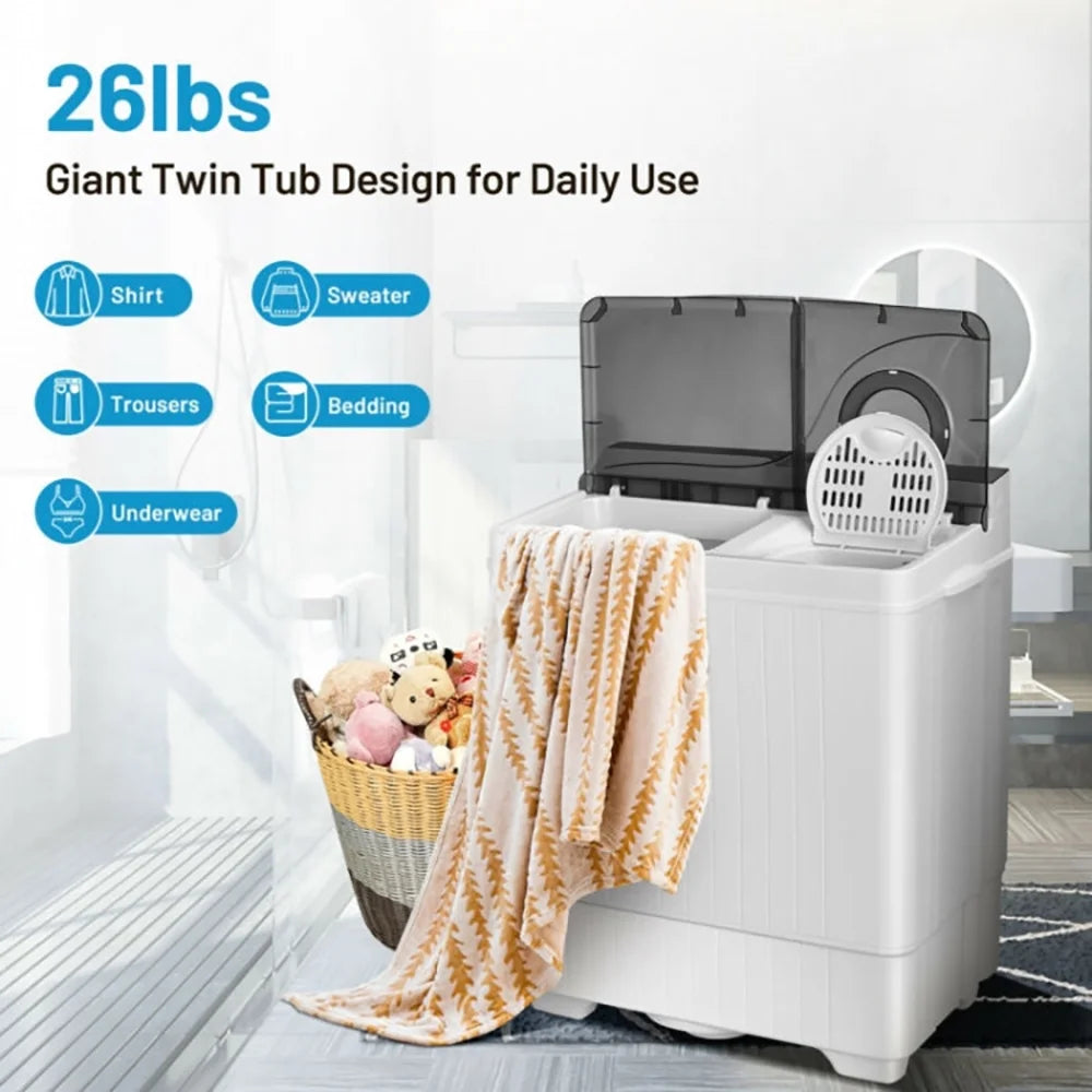 Canddidliike 26 Pound Portable Semi-automatic Washing Machine with Built-in Drain Pump-Gray, Timer Control, Compact Laundry Washer for RV, Apartments and Dorms
