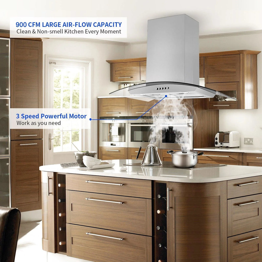 30 inch Island Mount Range Hood 900CFM  Tempered Glass 3-Speed Vent Hood Stainless Steel Dishwasher
