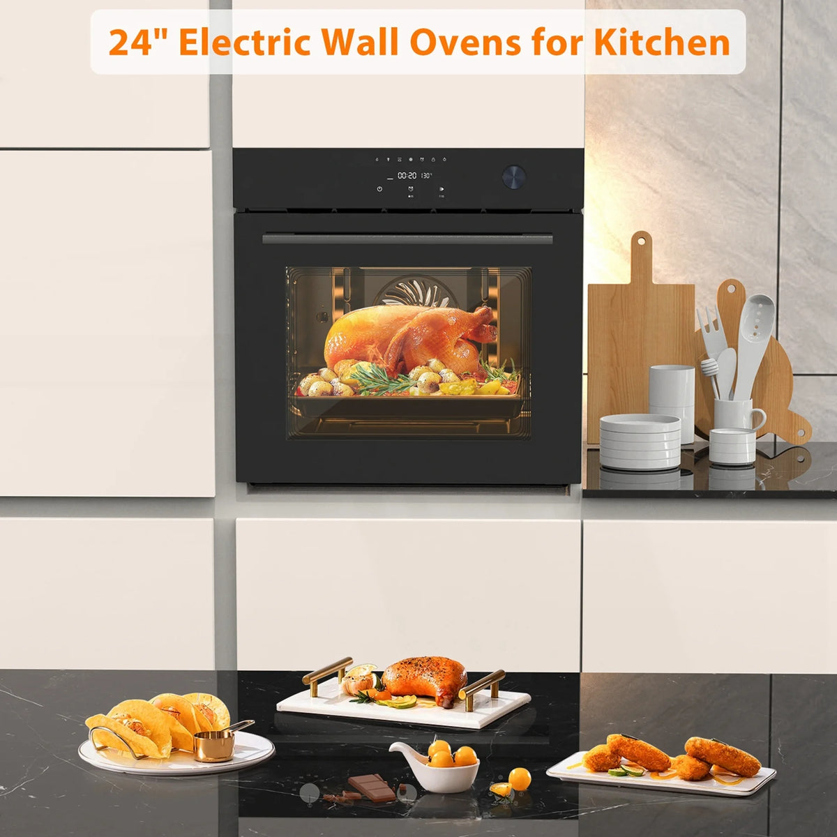Aoile 24" Built-in Single Wall Convection Oven with 2.5 Cu.Ft. Capacity, 3000W Electric Oven with 11 Cooking Modes, Touch Control