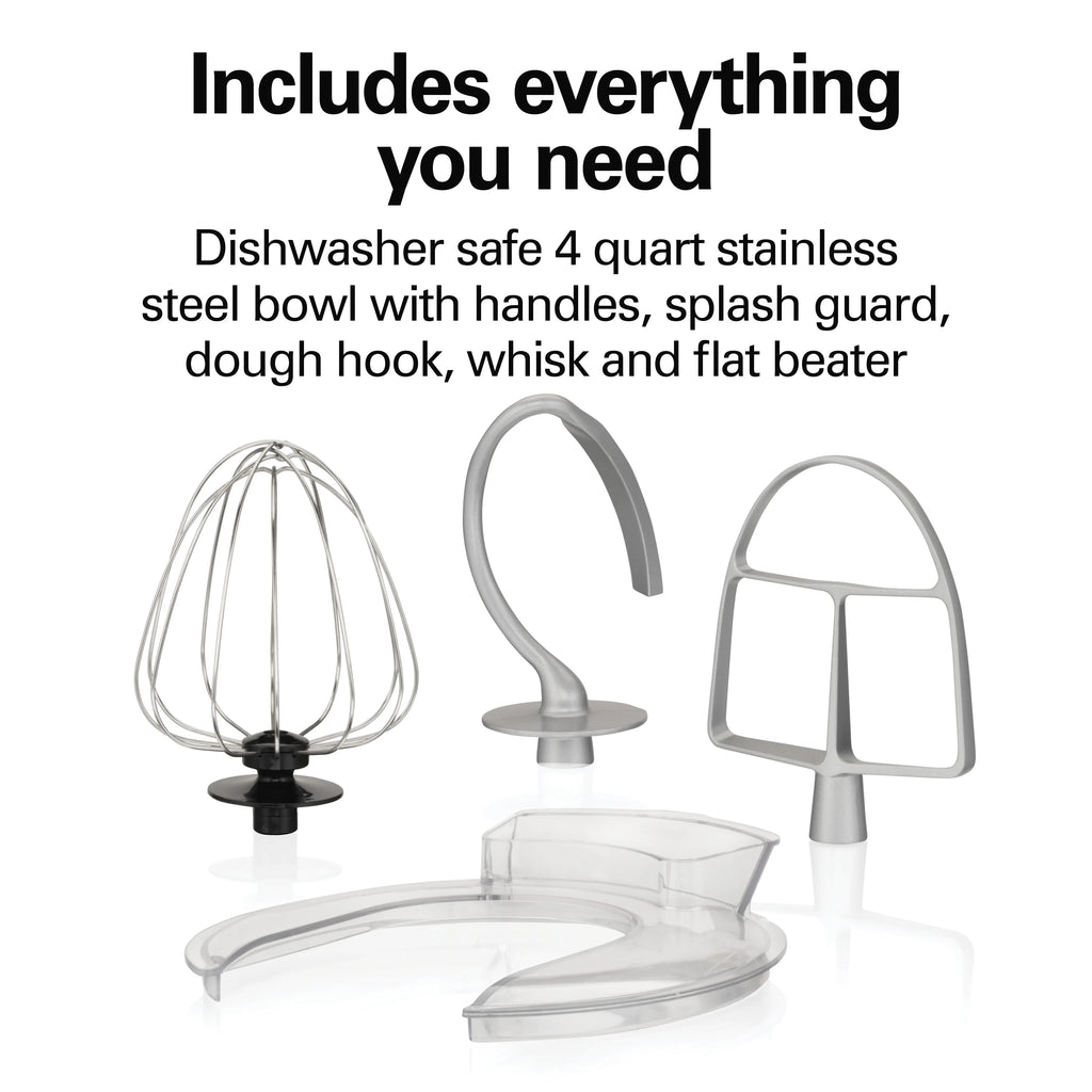 Hamilton Beach 4 Quart Stand Mixer for Kitchen, 7 Speeds, Tilt-Head, Dough Hook, Whisk & Flat Beater, Black