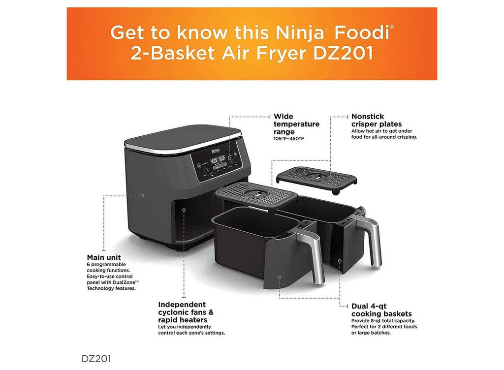 Restored Ninja Foody DZ201 6-in-1 8-qt. 2-Basket Air Fryer with Dual Zone Technology (Refurbished)