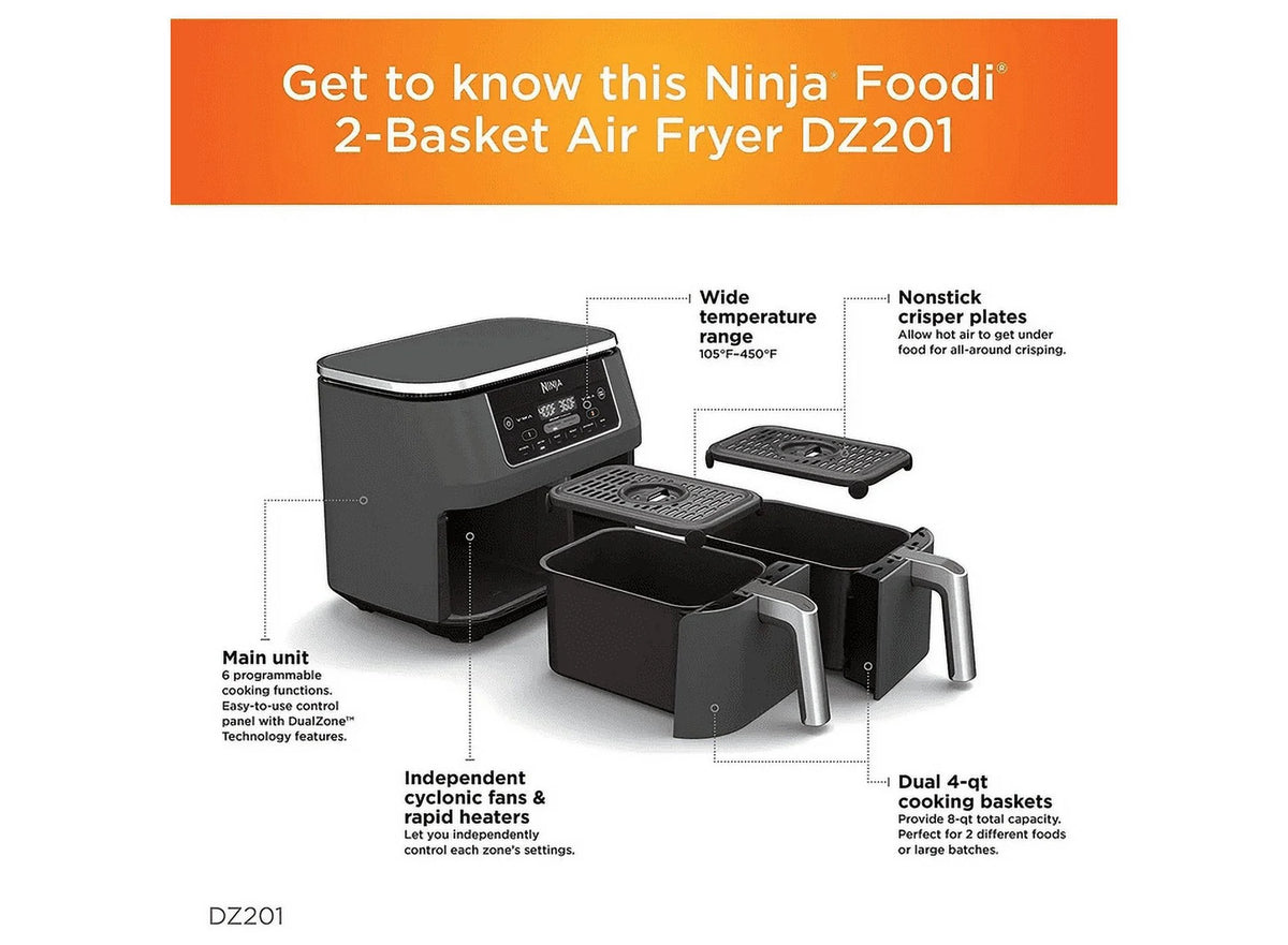 Restored Ninja Foody DZ201 6-in-1 8-qt. 2-Basket Air Fryer with Dual Zone Technology (Refurbished)