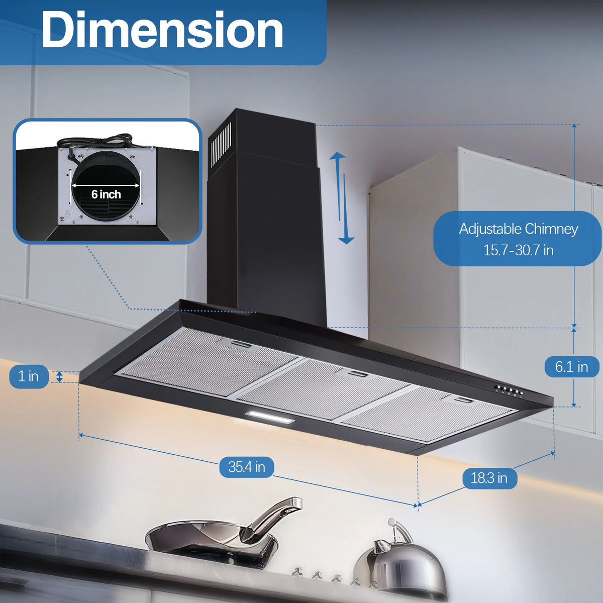 36-inch Wall Mount Range Hood 450CFM 3-Speed, Stainless Steel with LED Light, Adjustable Chimney 15.7-30.7in, Ducted/Ductless Ready, Quiet Under 55dB, 5-Layer Filters