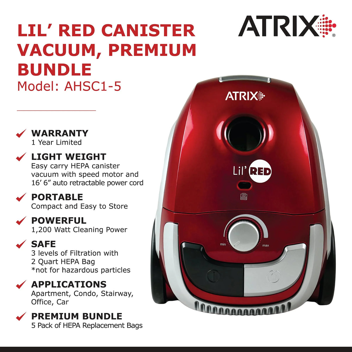 Atrix Red Lil Portable Canister Vacuum w/ 2 Quart HEPA Filter & Variable Speed Motor, Premium Bundle Premium Bundle Lil Red Vacuum