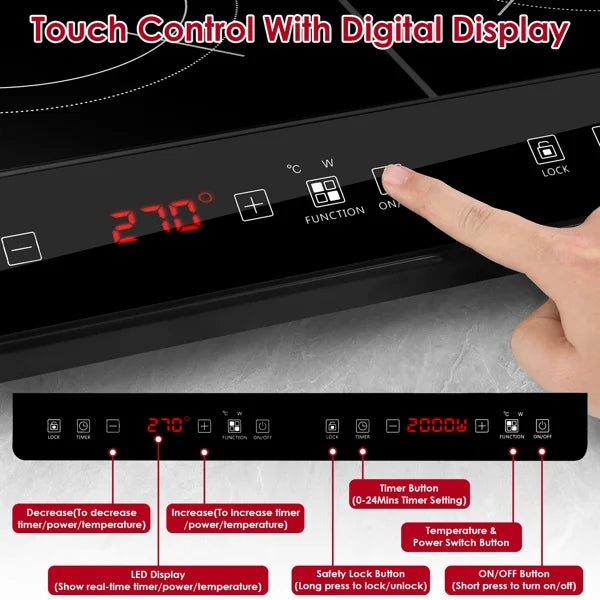 Dual Burner Induction Cooktop, 9 Power/Temperature Levels with Smart Timer, Safety Lock for Simmer/Fry/Boil