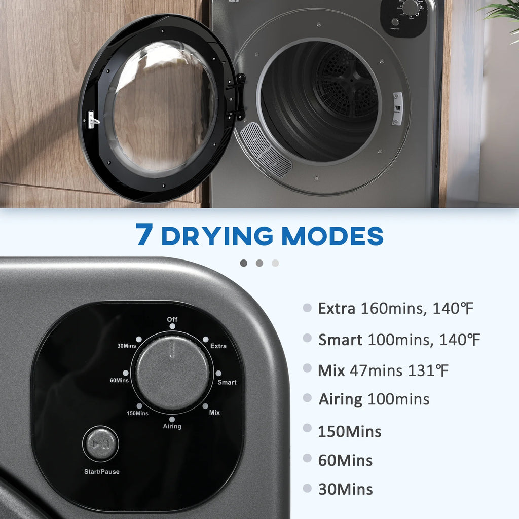 HOMCOM Compact Laundry Dryer Machine, 1300W, 3.22 Cu. Ft. Electric Automatic Portable Clothes Dryer with 7 Drying Modes and Stainless Steel Tub for Apartment or Dorm, White