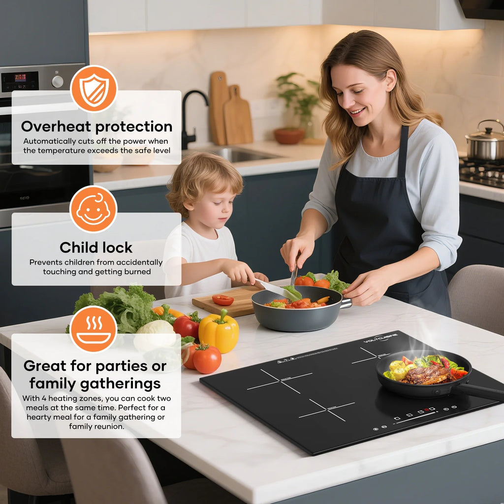 VoltCuisine Double/Dual Induction Cooktop 2 Burner, Shatter-proof Flat Glass Top, 9 Heat Settings, LED Touch Display with Child Safety Lock & Overheat Protection