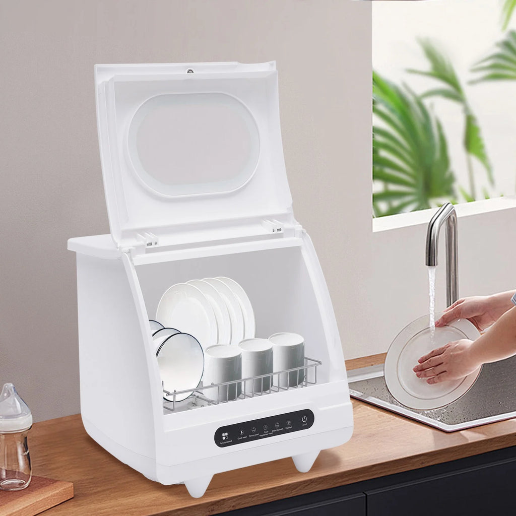 Flip-top Dishwasher White 5 intelligent washing functions Portable Countertop Dishwasher Compact  Low Noise Mini Dishwasher with Water Tank Leak-Proof Dry