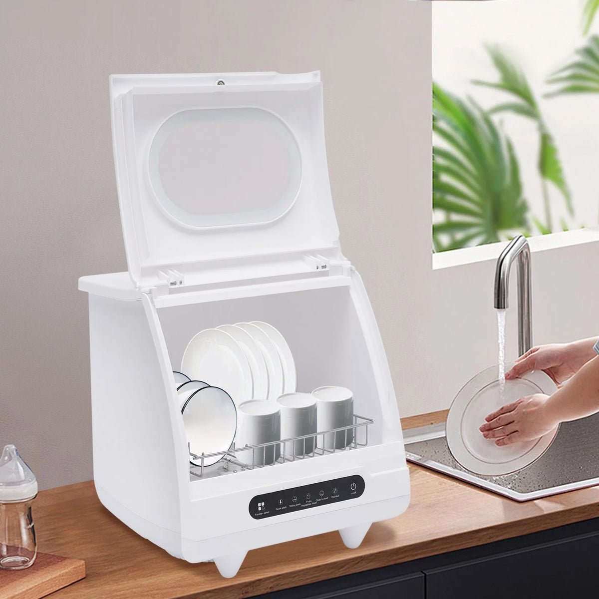 Flip-top Dishwasher White 5 intelligent washing functions Portable Countertop Dishwasher Compact  Low Noise Mini Dishwasher with Water Tank Leak-Proof Dry