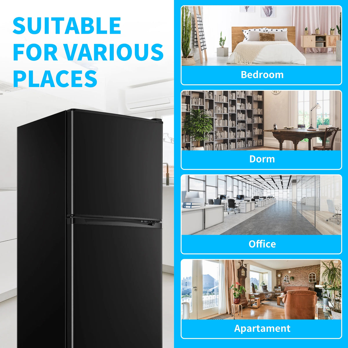 2 Door Mini Fridge with Freezer,4.5 Cu.ft.,5 Adjustable Thermostat & 4 Removable Glass Shelves