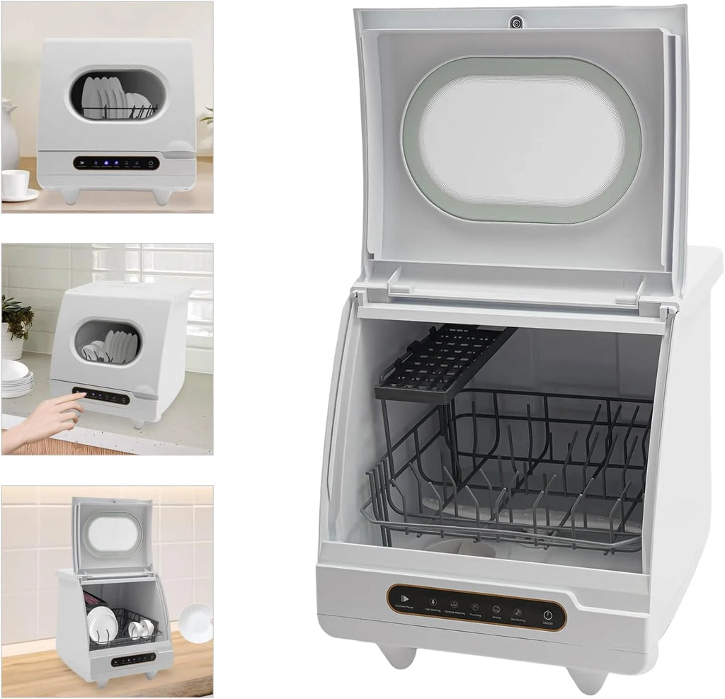 Portable Countertop Dishwasher, 1200W Mini Dishwasher with 12 Water Outlets and 360�� Spraying Cleaning, White Fully Automatic Dishwashing Machine for Homes, Dormitories, Recreational Vehicle