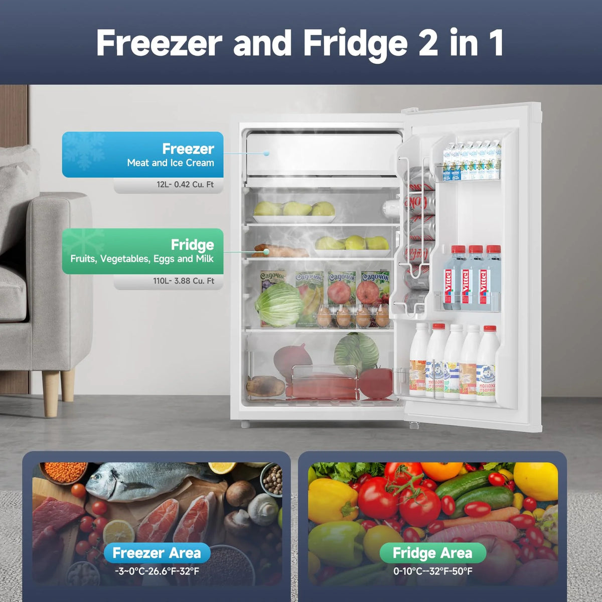 Soonbuy Compact Mini Fridge with Freezer, 4.3 Cu.Ft Single Door Refrigerator with Adjustable Temperature, Removable Shelves & Crisper Drawer, Energy Efficient Small Fridge for Bedroom, Office, Dorm, R