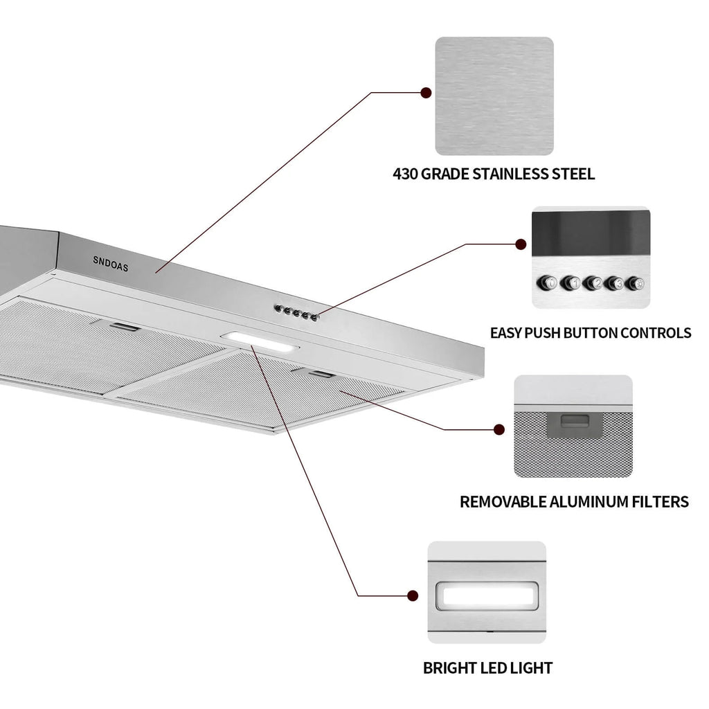 Joeaonz 30-Inch Stainless Steel Ductless Under Cabinet Range Hood with LED Lights, 230 CFM, 120V, 60Hz