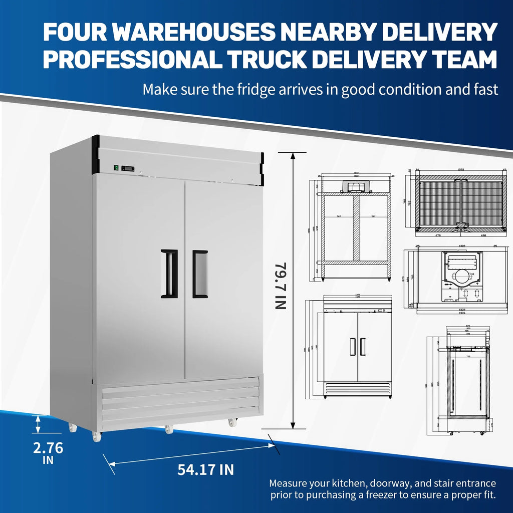 Chingoo 49 Cu.Ft Commercial Freezer, Double Doors, 54" Reach-in Stainless Steel Upright Refrigerator with Lock, Fan Coolingfor Restaurant and Bar