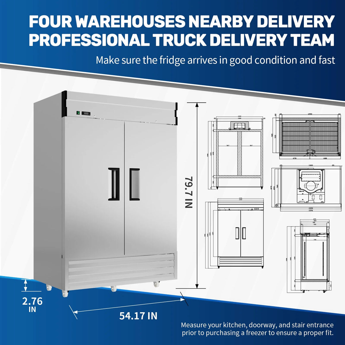 Chingoo 49 Cu.Ft Commercial Freezer, Double Doors, 54" Reach-in Stainless Steel Upright Refrigerator with Lock, Fan Coolingfor Restaurant and Bar