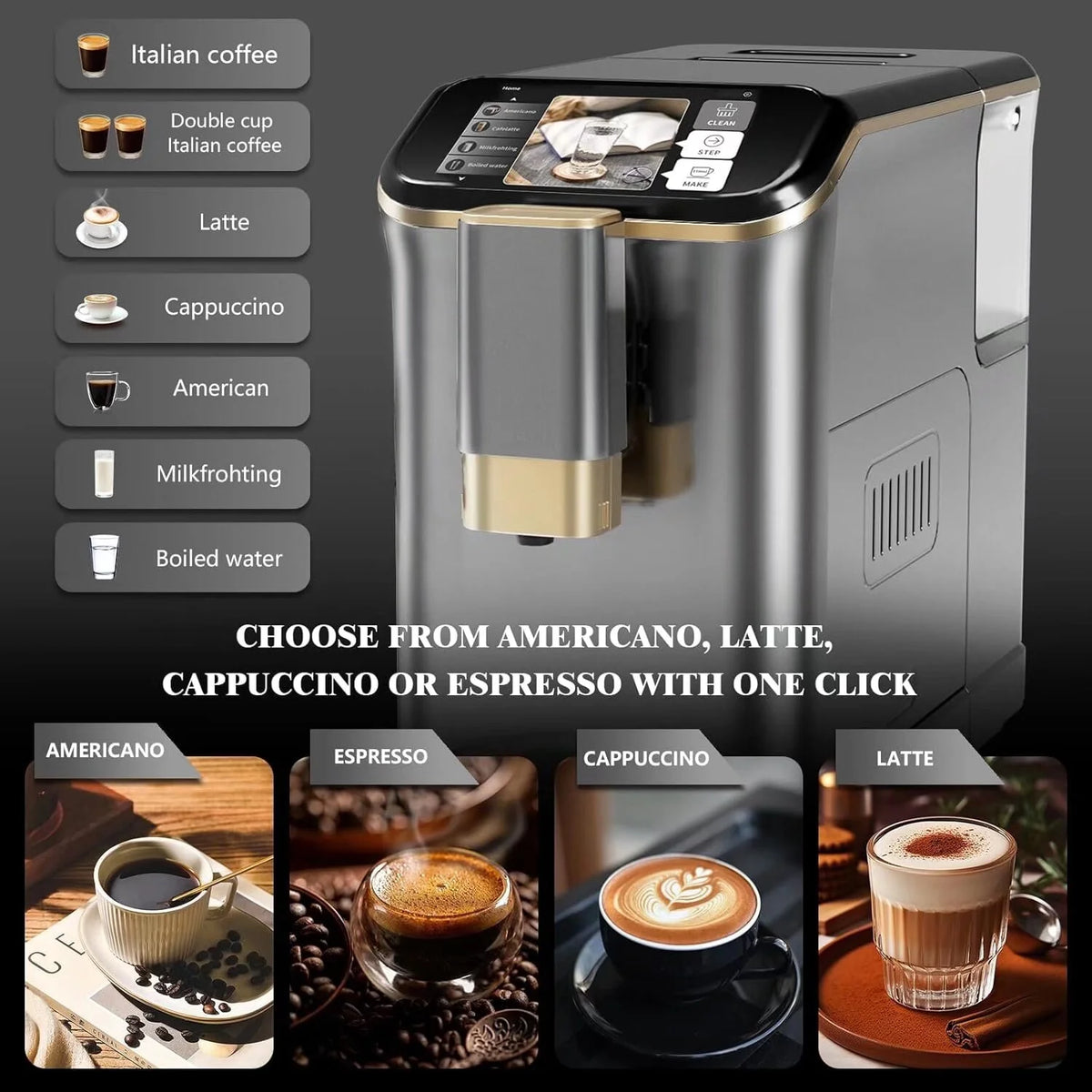 Fully Automatic Coffee Maker with Built-In Grinder and Milk Frother, Touch Screen 20 Bar High Pressure Espresso Machine with Adjustable Temperature and Strength for Home, Office
