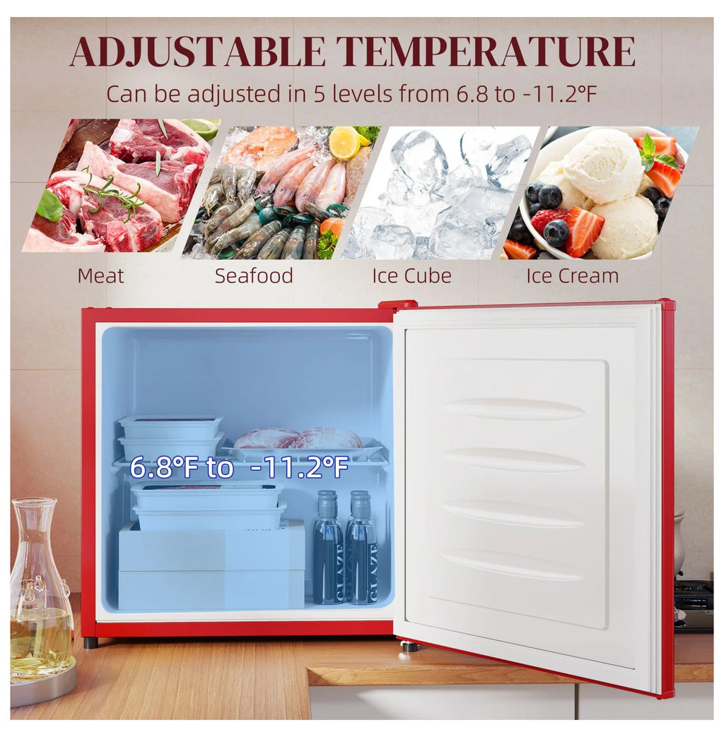1.1 Cu.Ft Mini Freezer, Compact Upright Freezer - Red, Adjustable Temp, Removable Shelf - Ideal for Dorm, Office, RV & Apartments