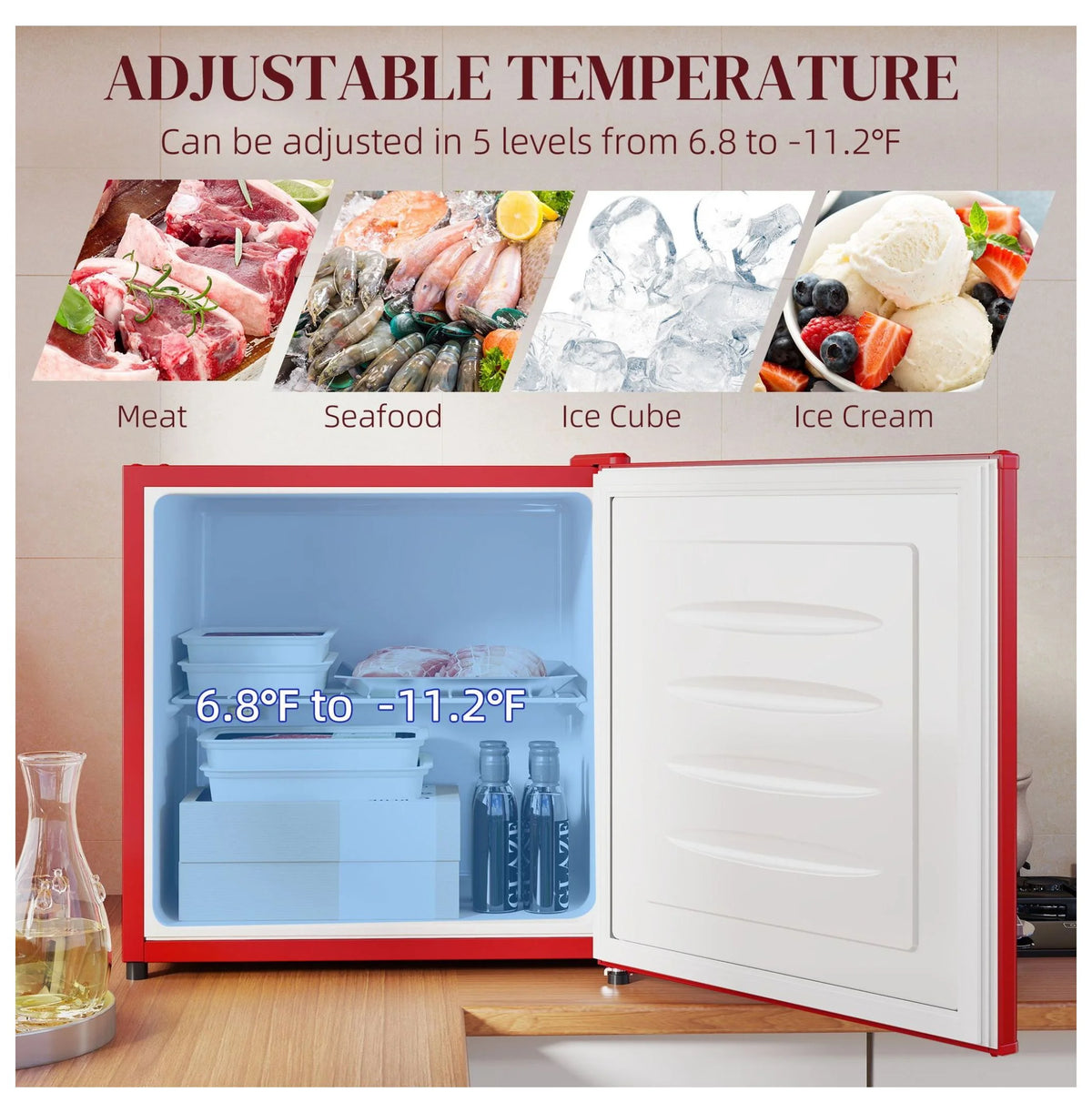 1.1 Cu.Ft Mini Freezer, Compact Upright Freezer - Red, Adjustable Temp, Removable Shelf - Ideal for Dorm, Office, RV & Apartments
