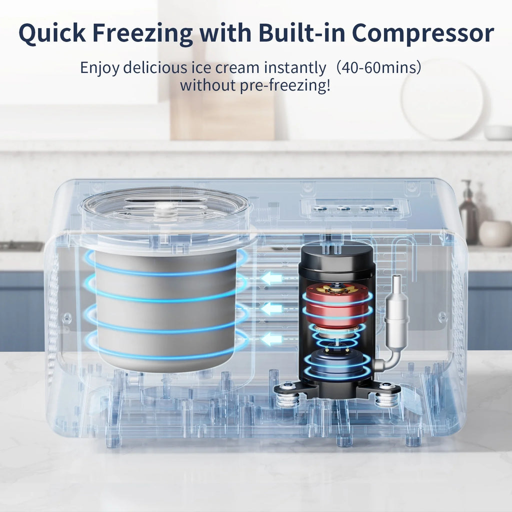 AIRMSEN 2.1 Qt Ice Cream Maker, No Pre-Freezing Electric Ice Cream Machine with Compressor and LCD Timer for Gelato, Frozen Yogurt, Sorbet, White