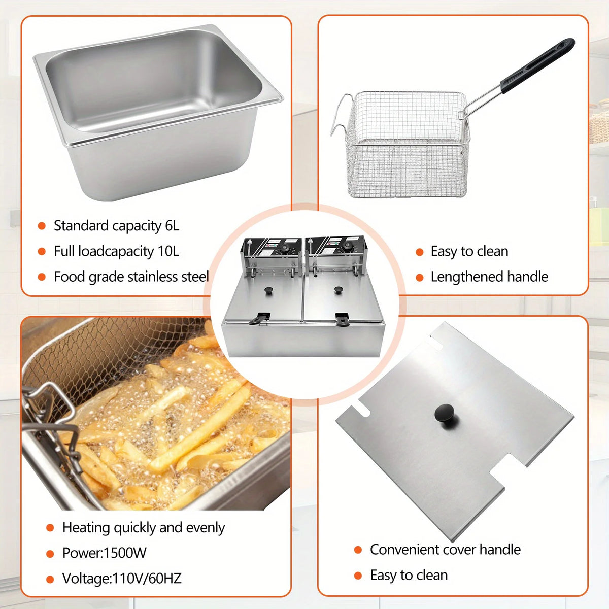12L Stainless Steel Commercial Electric Deep Fryer - Large Capacity Countertop Fryer with Removable Tank and Lid for Easy Cleaning - Perfect for Restaurants, Cafes, and Home Use