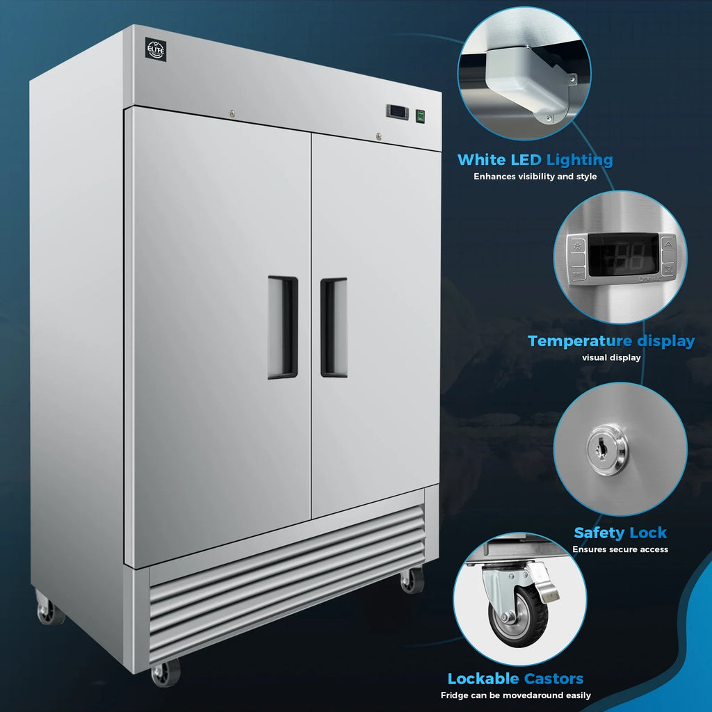 NSF 55 in. 2-Door Reach In Commercial Freezer 47 Cu.Ft. Stainless Steel Freezer Solid Door C55F