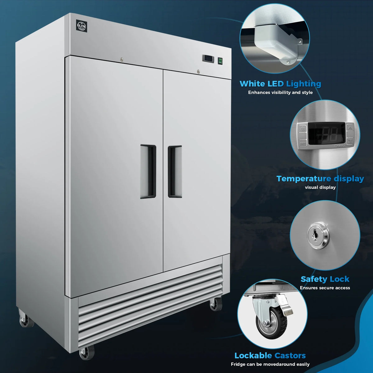 NSF 55 in. 2-Door Reach In Commercial Freezer 47 Cu.Ft. Stainless Steel Freezer Solid Door C55F