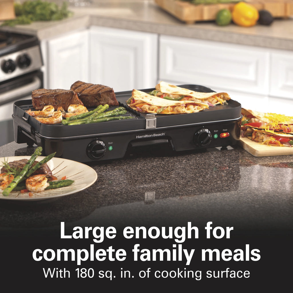 Hamilton Beach 3-in-1 Electric Griddle and Indoor Grill, Nonstick, Black