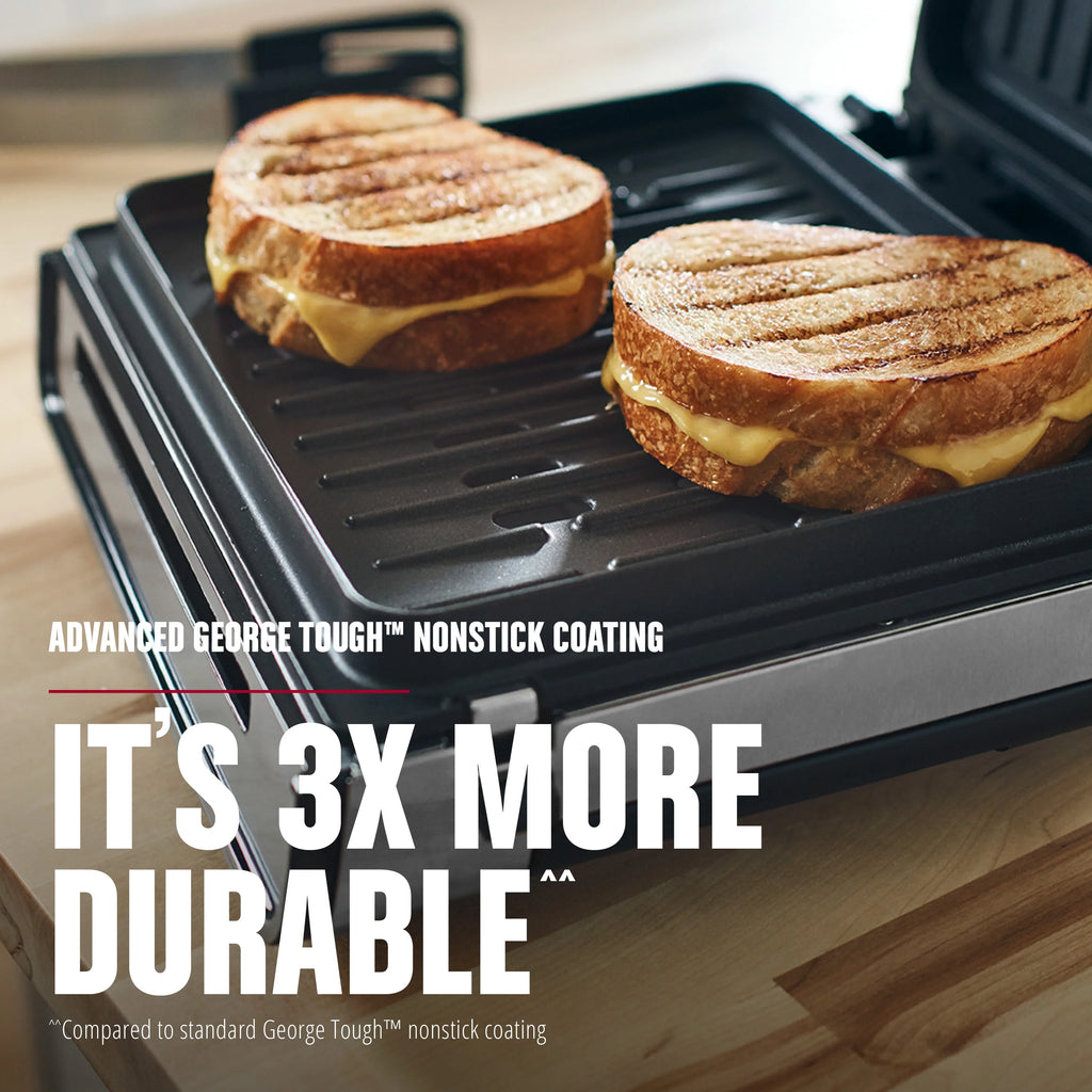 Open Box George Foreman 4�C6 Serving Electric Indoor Grill, Contact Smokeless Grilling with Removable Plates and Drip Tray, Stainless Steel Housing