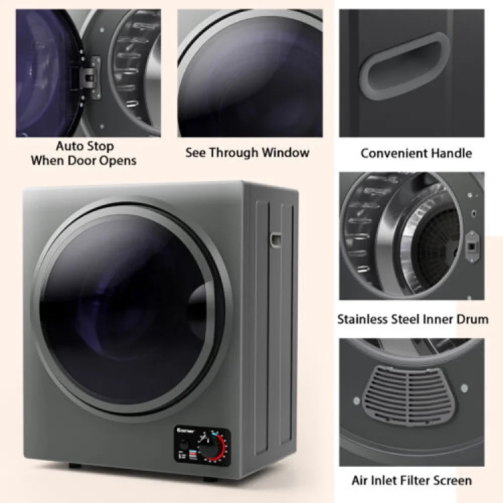 Spaco 1.5 Cu .ft Clothes Dryer with with Stainless Steel Wall Mount-Gray, Portable Dryer For Apartments, Home, Dorm