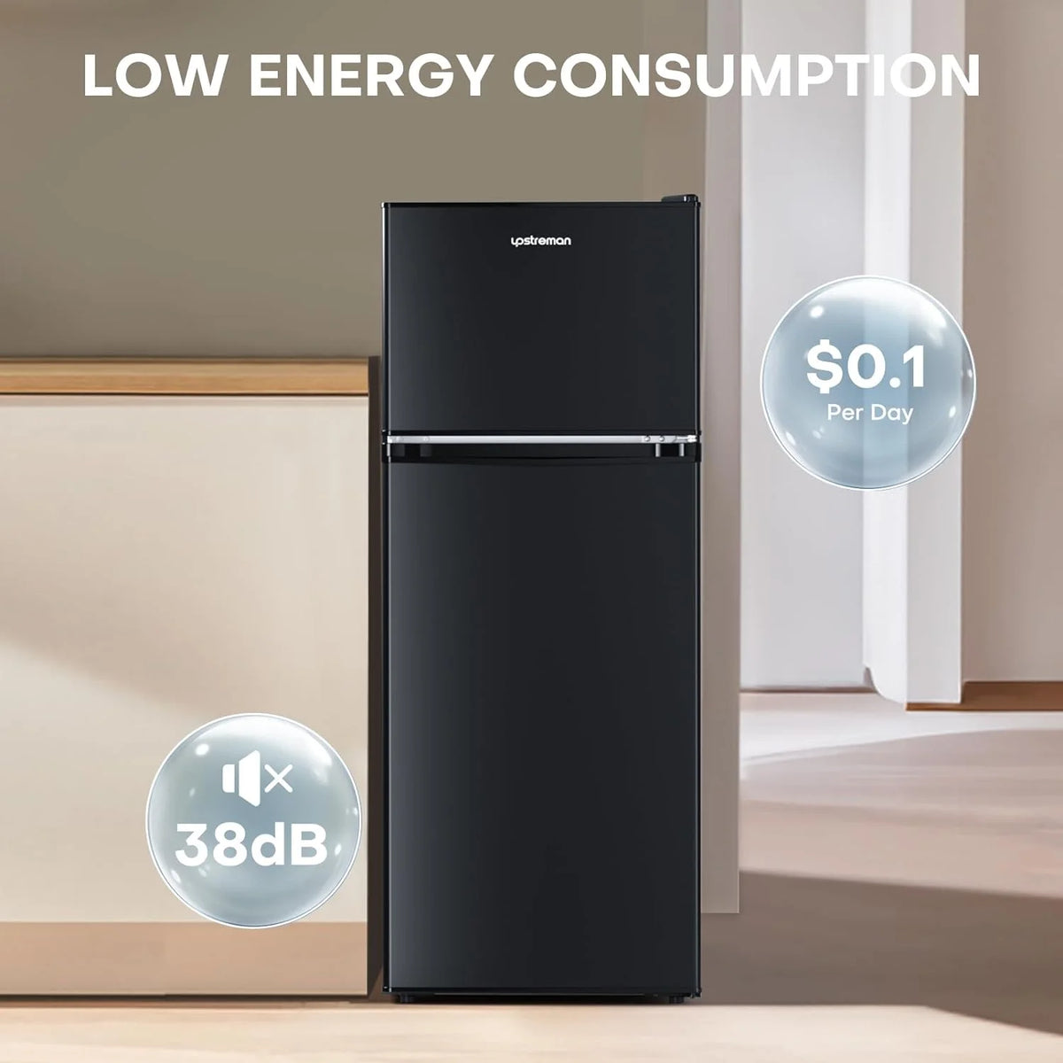 Upstreman 3.1 Cu.Ft Mini Fridge with Freezer, Double Door Small Fridge, Dorm Essentials, Adjustable Thermostat, Energy Saving, Mini Refrigerator for Office, Dorm,Bedroom, Stainless