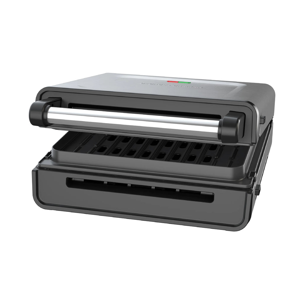 Open Box George Foreman 4�C6 Serving Electric Indoor Grill, Contact Smokeless Grilling with Removable Plates and Drip Tray, Stainless Steel Housing