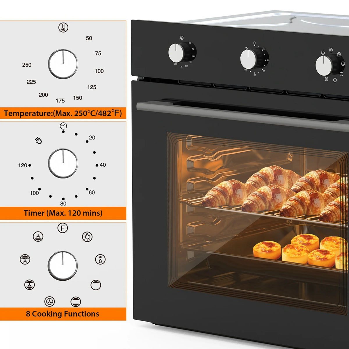 Aoile 24" Built-in Single Wall Convection Oven with 2.5 Cu.Ft. Capacity, 3000W Electric Oven with 7 Cooking Modes, Mechanical Knobs Control